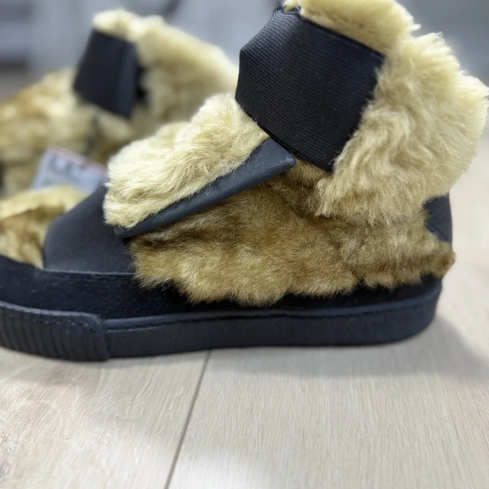 NEW‎ ZARA Faux Fur Lined High Top Cozy Shoes Mens US 9 EU 42 Black Hook Slip On